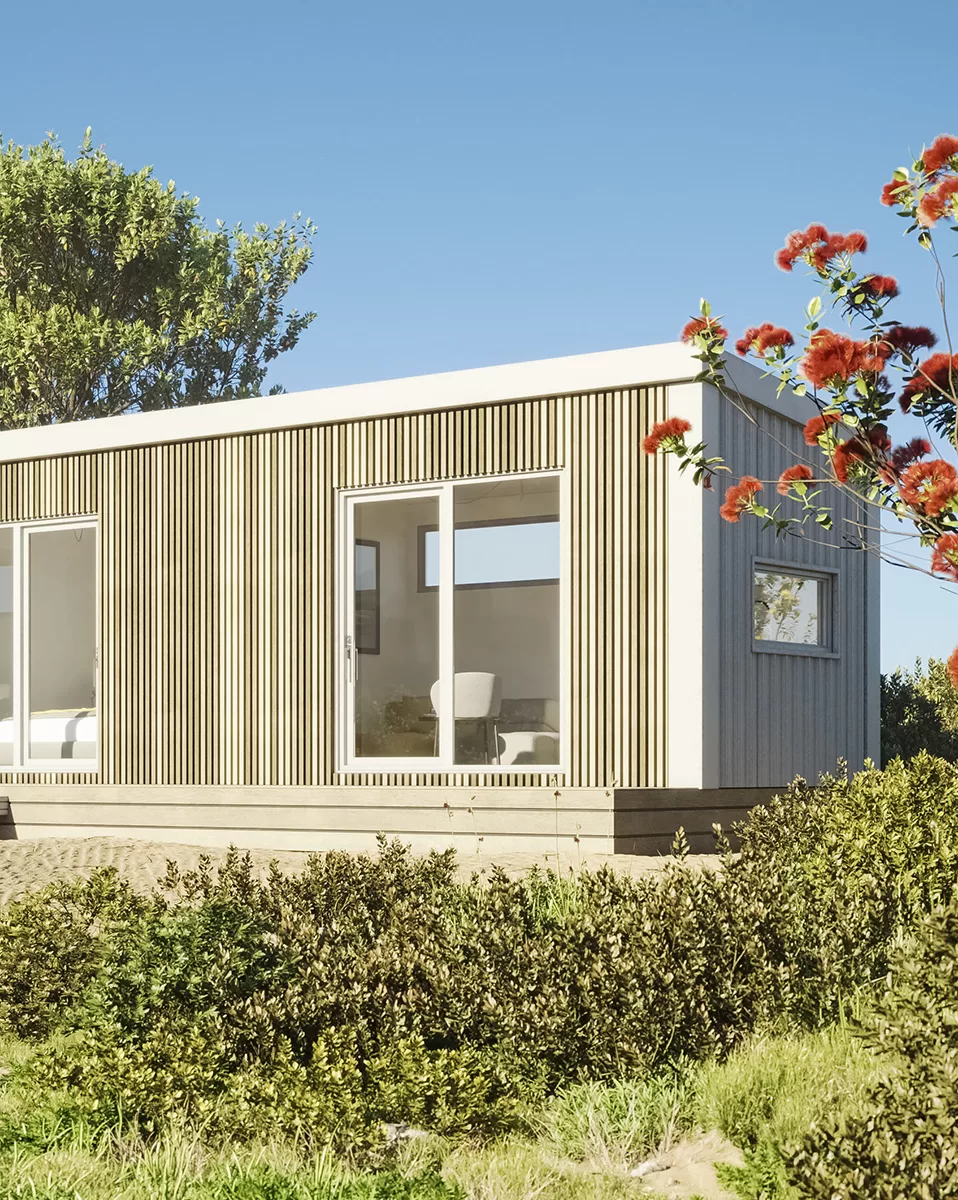 A render of one of the Pod and Co pods, with white cladding, situated in an outdoor setting
